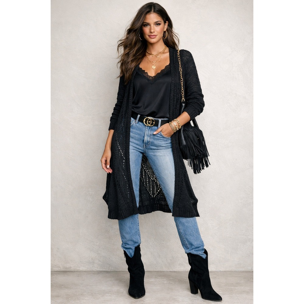 Margeaux Ellie Cardigan Womens‎ 1X Black Open Knit Duster Whimsigoth Boho Grunge